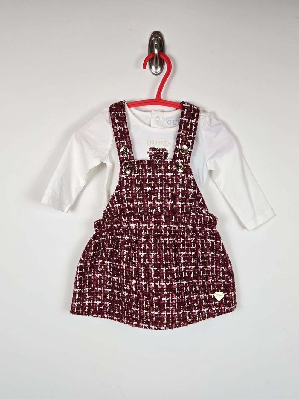 NWT Guess Baby Girls 3-6M Burgundy Tweed Overall Dress Bodysuit 2PC Set - Picture 2 of 9